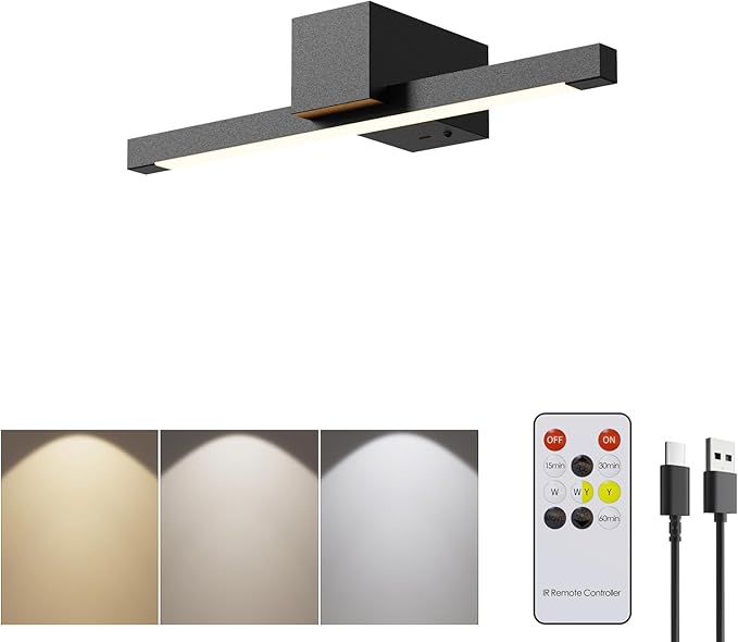 Picture Lights for Wall,Battery Operated Art Light,12in Gallery Light for Paintings,3CCT Dimmable,Metal Finish Recharging Battery Wall Light with Remote Control for Pictures Display(Black)