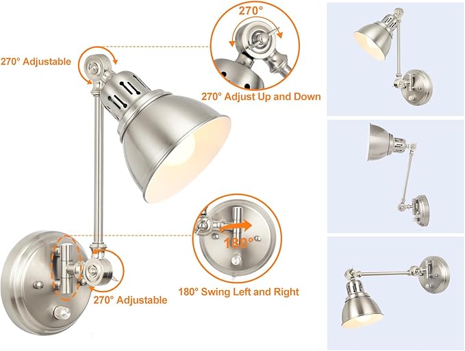 1 Pack Plug in Wall Sconce with Remote Control, Dimming, Adjustable Colors 2700K-6500K, Plug in Wall Light, Swing Arm Wall Lamp with Night Light & Timer, LED Bulb Included, Brushed Nickel