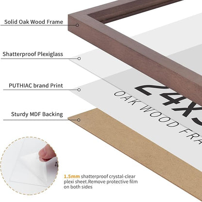 puthiac 24x36 Solid Oak Wood Picture Frame, No Mat, Wall Display Only, Vertical or Horizontal, Plexi Front, 3 Pack, Walnut