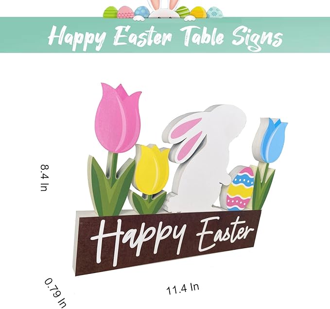 Wooden Bunny Easter Table Decorations Happy Easter Tulips Tiered Tray Decor Rustic Farmhouse Centerpiece Decor Decorative Mantle Tabletop Accent Home Office Wood Sign 6 Pcs Pink Yellow Blue White