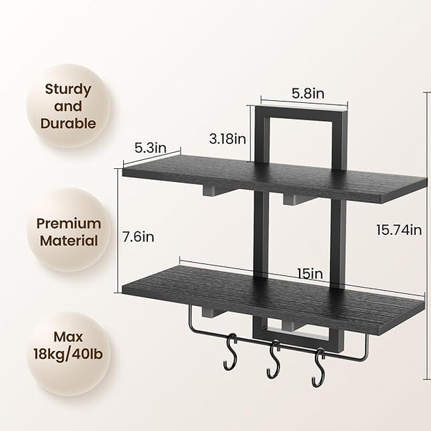 Floating Shelves, 15" Wall Shelf Set of 2, Hanging Bathroom Shelves 2-Tier, Wall Mounted Storage Shelves, for Living Room Bedroom Bathroom Kitchen Office Coffee Bar, Black