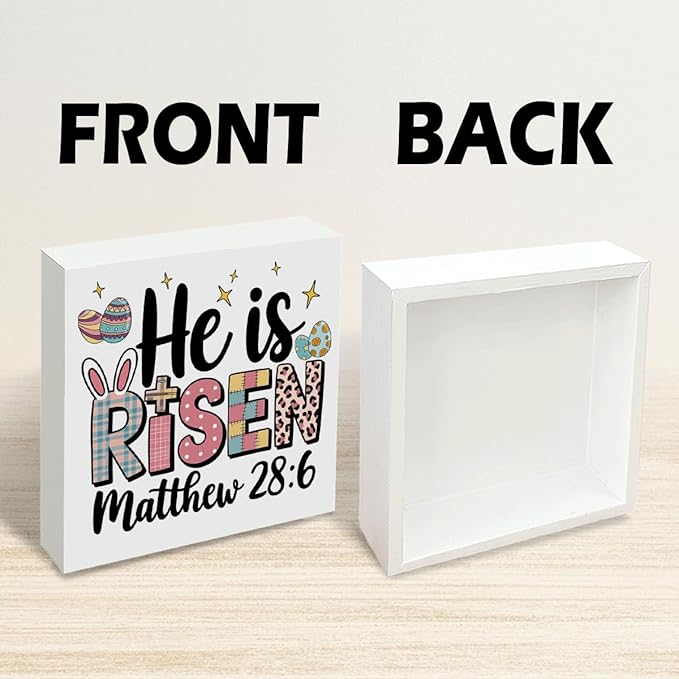 Christian Easter Decor He Is Risen Matthew 28:6 Wooden Sign, Religious Bible Verse Bunny Cross Design, Rustic Farmhouse Easter Desk Decorations for Home Living Room Shelf Plaque