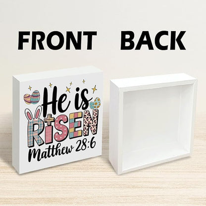 Christian Easter Decor He Is Risen Matthew 28:6 Wooden Sign, Religious Bible Verse Bunny Cross Design, Rustic Farmhouse Easter Desk Decorations for Home Living Room Shelf Plaque