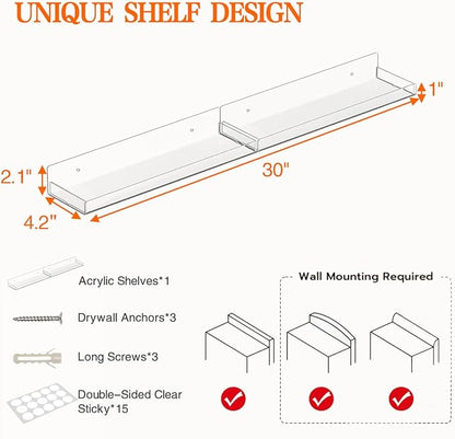 30" Over Stove Shelf for Back of Stove, Acrylic Stove Top Shelf for Kitchen Stove, Floating Shelves for Wall, Space-Saving Spice Rack, Two Mounting Options, Heat-Resistant & Durable