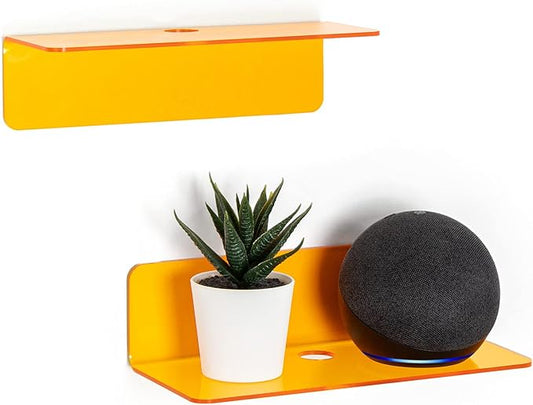 OAPRIRE Small Acrylic Floating Wall Shelves Set of 2, Flexible Use of Wall Space, 9 Inch Adhesive Display Shelf for Security Cameras/Smart Speaker/Action Figures, with Cable Clips - Clear Orange