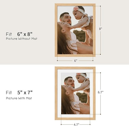 puthiac 6x8 Solid Oak Wood Picture Frame, Fits 5x7 with Mat or 6x8 Without Mat, Wall or Tabletop Display with Stand, Vertical or Horizontal, Plexi Front, 3 Pack, Natural Oak