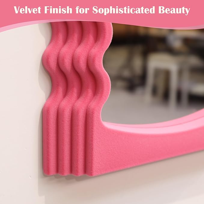Wavy Wall Mirror for Living Room Decor, Velvet Finish Funky Wall Mounted Mirror for Girly Bedroom Decoration, Cute Hanging Sculpture Home Accent for Dining Room Kitchen (Pink)