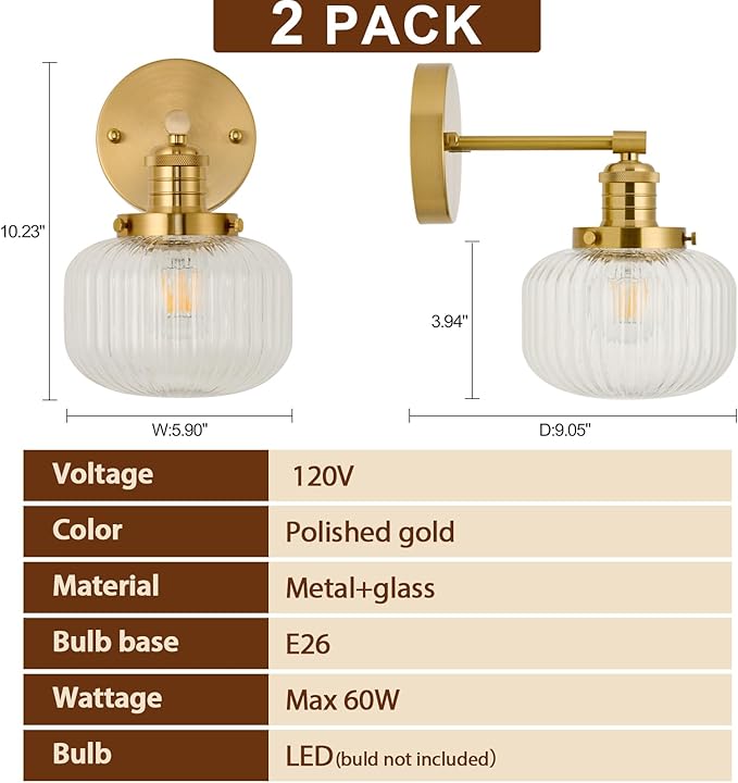 TERLEENART Vintage Wall Sconce Set of 2,Hard Wired Sconce with Clear Ribbed Glass Shade,Indoor Wall Mounted Lamp for Bedroom Living Room Bathroom Hallway