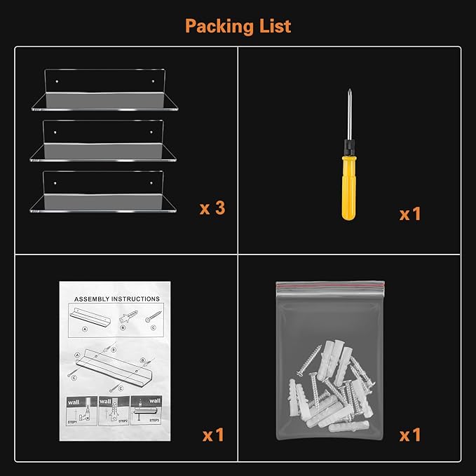 12 Inch L-Shaped Acrylic Floating Shelf Clear Wall Mounted Shelves Invisible 5MM Thick Shelf for Wall Storage Clear Shelves for Makeup Photo Picture Book Record Display 3 Pack