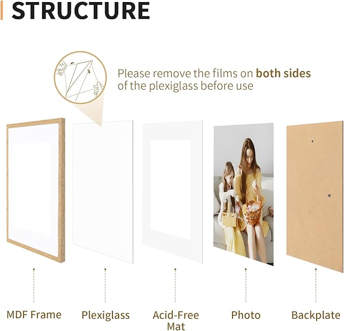 12x16 Picture Frame Set of 4, Displays 8x10 with Mat or 12x16 Without Mat, Photo Frames for Wall Hanging or Tabletop, Includes HD Plexiglass, Light Wood Grain