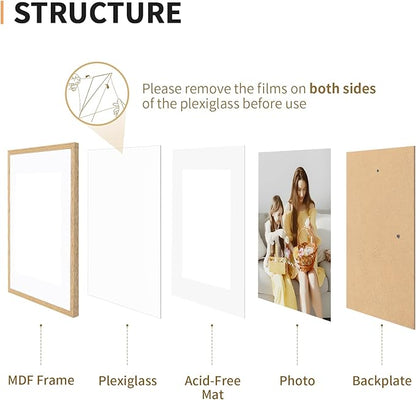 12x16 Picture Frame Set of 4, Displays 8x10 with Mat or 12x16 Without Mat, Photo Frames for Wall Hanging or Tabletop, Includes HD Plexiglass, Light Wood Grain