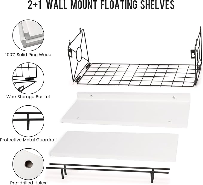 Floating Shelves for Wall, Floating Shelf for Wall Décor Set of 3, Bathroom Floating Shelves with Metal Toilet Paper Holder for Bathroom, Bedroom, Living Room, Kitchen, Office (White)