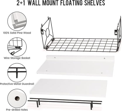 Floating Shelves for Wall, Floating Shelf for Wall Décor Set of 3, Bathroom Floating Shelves with Metal Toilet Paper Holder for Bathroom, Bedroom, Living Room, Kitchen, Office (White)