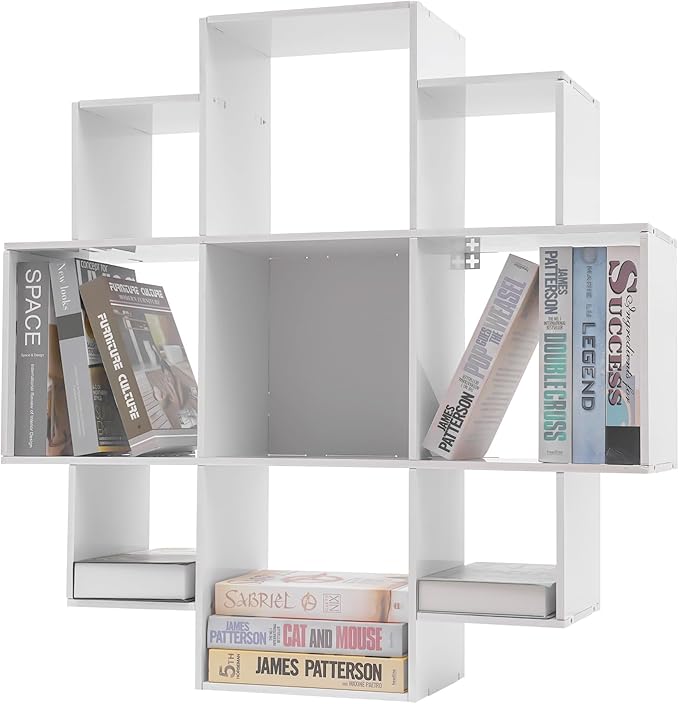 Wall Mounted Book Shelf 3-Tiers 9 Compartment Geometric Bookshelf Decorative Display Open Shelves Floating Shelf Bookcase Holds up to 66.1 lbs (White)