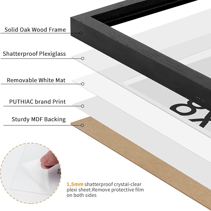 puthiac 8x12 Solid Oak Wood Picture Frame, Fits 6x8 with Mat or 8x12 Without Mat, Wall or Tabletop Display with Stand, Vertical or Horizontal, Plexi Front, 3 Pack, Black