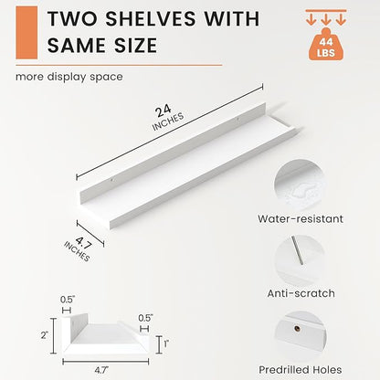 Picture Ledge Shelf, Floating Shelves Set of 2, 24 Inches Nursery Book Shelves for Toys Storage, Kids Bookshelf Wall Mounted for Living Room Bedroom Decor Books Photo Frames, White