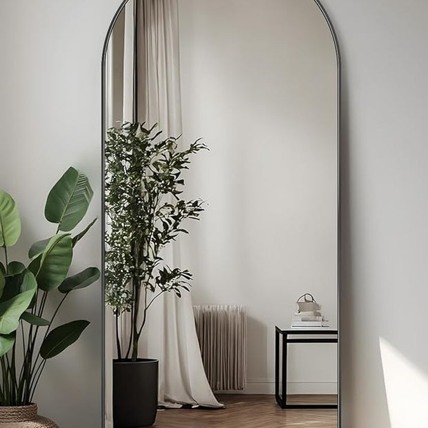 Antok 56" x15” Arched Full Length Floor Mirror, Black Aluminum Frame, Free Standing/Wall Mount/Leaning for Bedroom, Living Room, Dressing Room