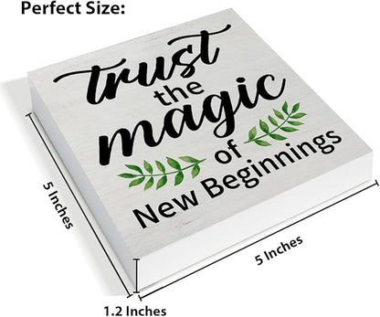 Inspirational Desk Decor New Beginnings Gift for Women Men, Rustic Trust the Magic of New Beginnings Wooden Sign Decorations for Home Office Desk Shelf Table 5 x 5 Inches