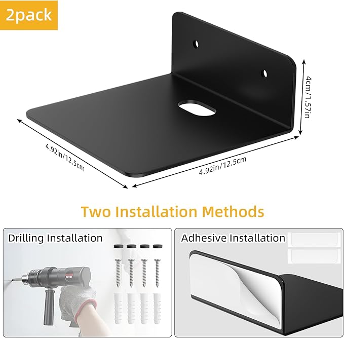 Small Floating Shelves for Wall, 5 Inch Metal Wall Shelves - Adhesive Installation, Display Ledges Set of 2, Perfect for Echo, Cameras, Mini Decor, Funkos, Figurines (Black)