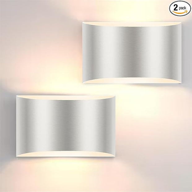 FOLKSMATE Modern LED Wall Sconces, 3000K Warm White Wall Lights Set of 2, 10W Up and Down Mount Light, Sliver Hardwired Indoor Sconces Lighting Lamp for Bedroom Bedside Hallway Living Room