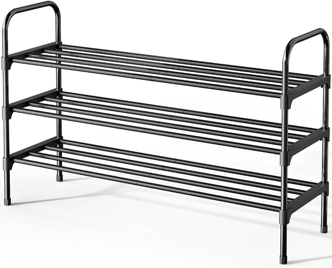 Kitsure Shoe Rack - 3-Tier Space-Saving Shoe Organizer & Shoe Shelf with Handle, Easy Assembly, Sturdy Metal Shoe Rack for Closet, Entryway, Bedroom, 28.0" x 11.8" x 25.6", Black