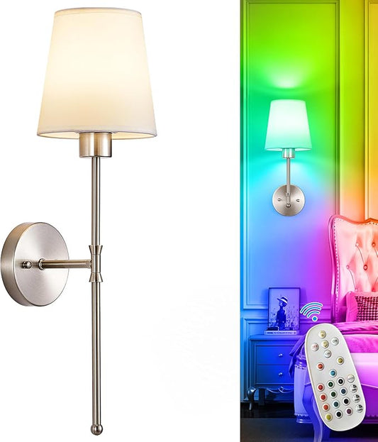 Depuley Battery Operated Wall Sconce: Set of 2 Wireless Wall Lights with Remote for Bedroom - Rechargeable 15 Colors Brushed Nickel Wall Lamp for Living Room Hallway Decor