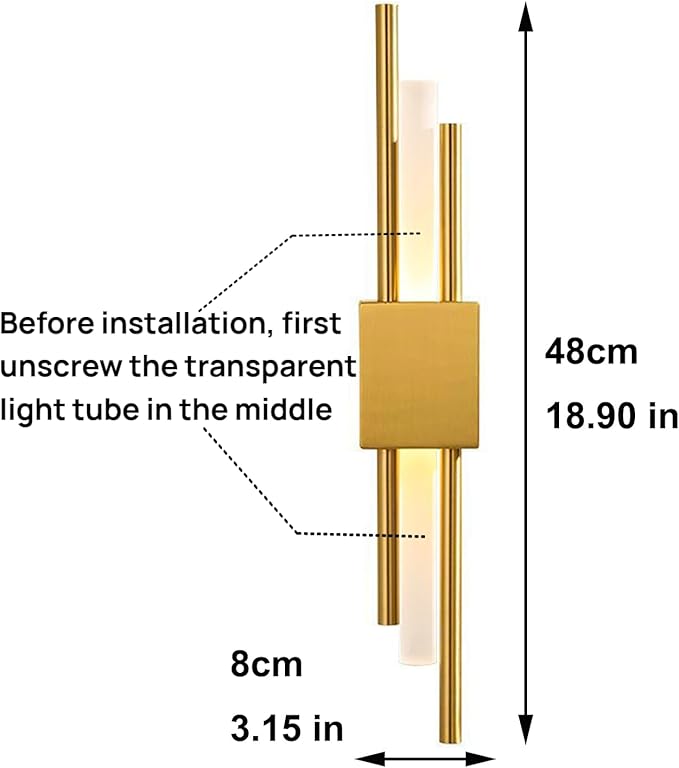 Modern Golden LED Wall Sconce, Geometric Metal and Acrylic Vertical Wall Lamp, Minimalist LED Light for Bedroom, Living Room, Hallway – 8 W, 48 cm, 3 Light Shades (Gold-Left)