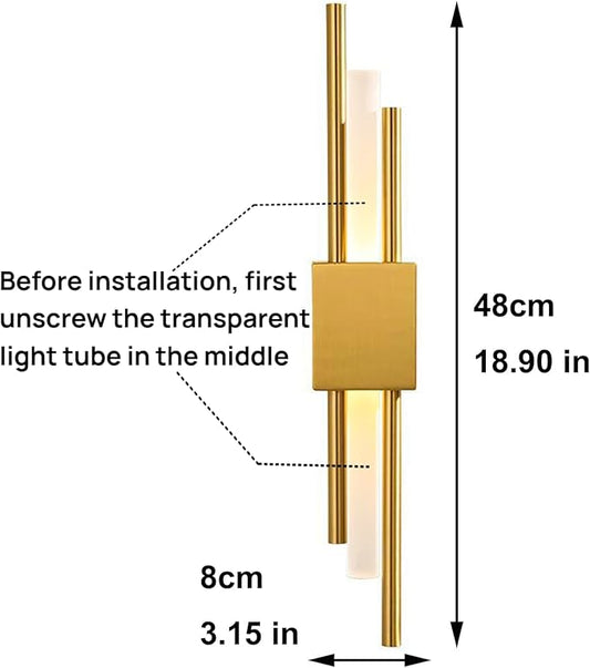Modern Golden LED Wall Sconce, Geometric Metal and Acrylic Vertical Wall Lamp, Minimalist LED Light for Bedroom, Living Room, Hallway – 8 W, 48 cm, 3 Light Shades (Gold-Left)