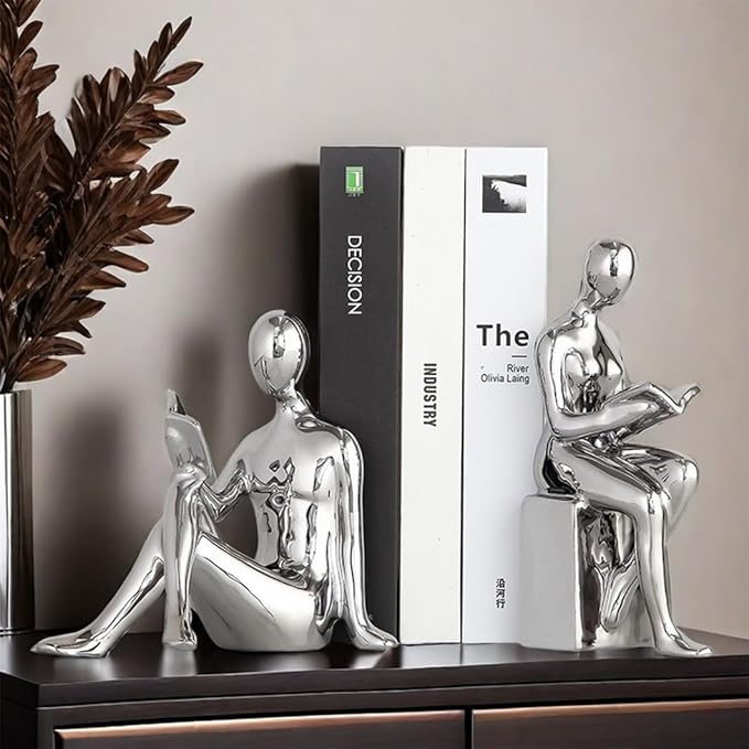 Home Decorative Reading Book Statue Bookends Elegant Ceramic Bookshelf Room Office Desk Decor,Paper Weights, Book Ends,Bookend Supports, Book Stoppers, Set of 2 (Silver)