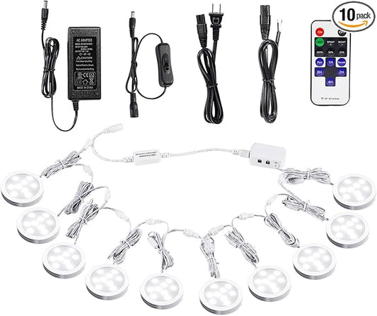AIBOO Linkable Under Cabinet LED Lighting 12V Dimmable Puck Lights with Wireless RF Remote Control, Hardwired & Wall Plug in for Display Lighting(10 Lights, Daylight White)