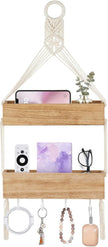 Mkono Macrame Hanging Shelf for Bedside Shelf Organizer with Hooks, Boho Wall Decor Cute Wood Floating Shelves for Girls Bedroom Dorm Nursery, Wall Storage for Phone, Remote, Earphone, Accessories
