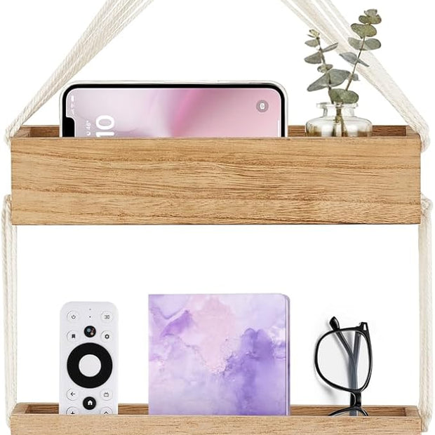 Mkono Macrame Hanging Shelf for Bedside Shelf Organizer with Hooks, Boho Wall Decor Cute Wood Floating Shelves for Girls Bedroom Dorm Nursery, Wall Storage for Phone, Remote, Earphone, Accessories