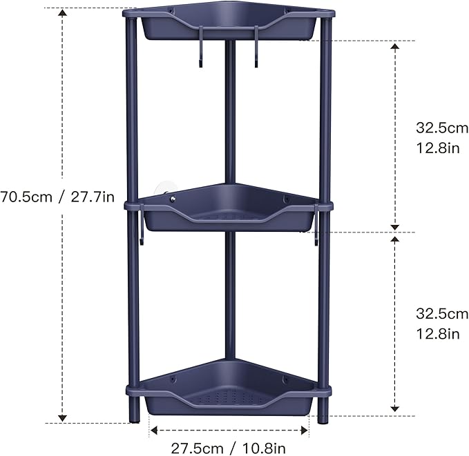 Orimade Rustproof 3 Tier Floor Standing Corner Shower Caddy Organizer, Plastic Metal Splicing Floor Corner Shelf Rack Stands for Bathroom, Bluish-Purple