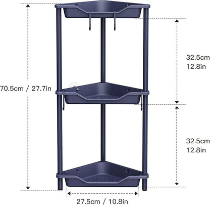 Orimade Rustproof 3 Tier Floor Standing Corner Shower Caddy Organizer, Plastic Metal Splicing Floor Corner Shelf Rack Stands for Bathroom, Bluish-Purple