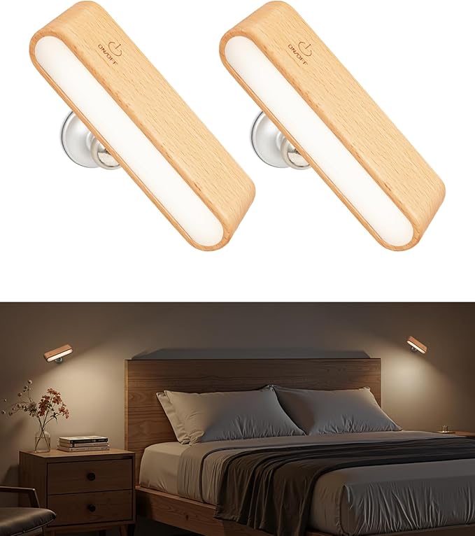 Wood Battery Operated Wall Sconce Set of 2, Magnetic Mini Wall Lights with 360° Rotation and Adjustable Brightness, Stick-On Mount for Bedside, Hallway, Living Room (2Pack Beech Wood)