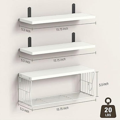 Floating Bathroom Shelves Wall Mounted - Wooden Shelf Set of 3 for Over Toilet Storage & Modern Bathroom Decor - Perfect Shelving Organizer for Apartments RVs Powder Room Restroom - White