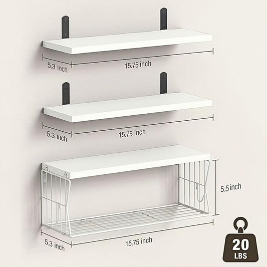 Floating Bathroom Shelves Wall Mounted - Wooden Shelf Set of 3 for Over Toilet Storage & Modern Bathroom Decor - Perfect Shelving Organizer for Apartments RVs Powder Room Restroom - White