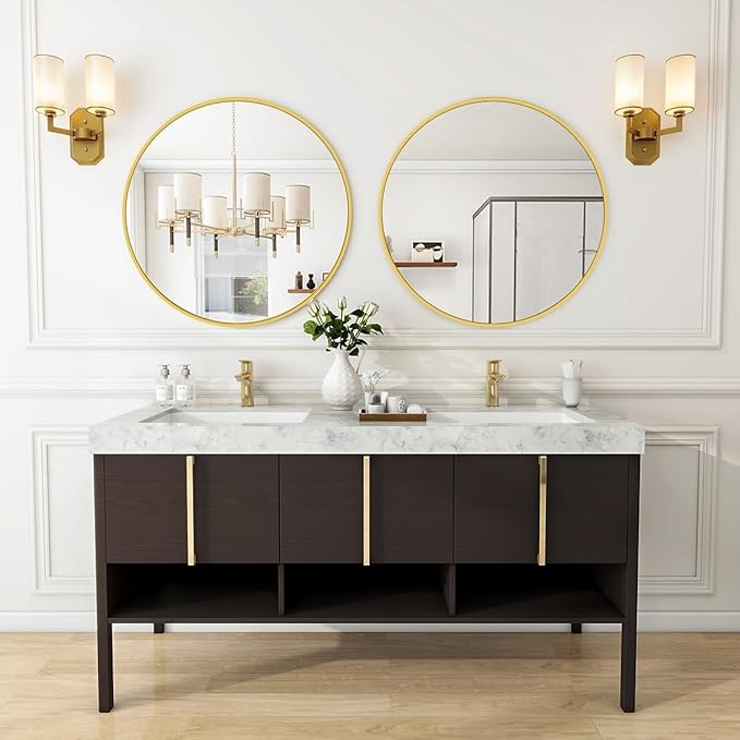 VooBang Gold Round Bathroom Mirror, 24 inch Circle Wall Mounted Hanging Mirror with Simple Modern Circular Metal Frame for Hallway, Entryway, Living Room, Gold Frame