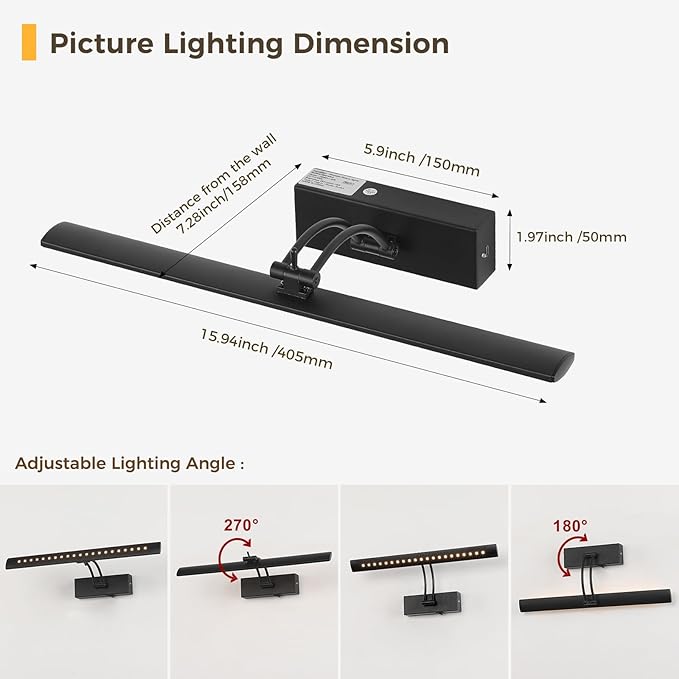 Battery Operated Picture Light with Remote, 16" Wireless LED Art Light Rechargeable 5000mAh, Dimmable Painting Light for Wall, 3000K Warm White, Adjustable Swing Arm Metal Display Light, Black