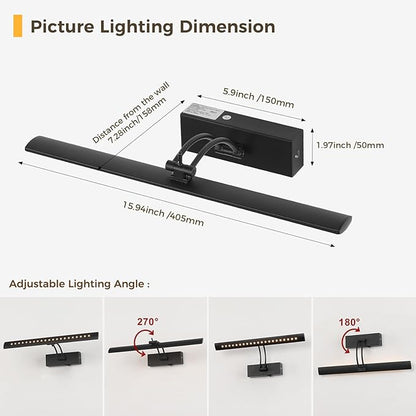 Battery Operated Picture Light with Remote, 16" Wireless LED Art Light Rechargeable 5000mAh, Dimmable Painting Light for Wall, 3000K Warm White, Adjustable Swing Arm Metal Display Light, Black