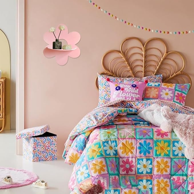 Daisy Flower Floating Shelf Boho Daisy Wall Shelves, 1Pcs 10.6 Inch Large Kawaii Cute Wood Wall Decor Display Shelf for Baby Nursery Living Room Bathroom Bedroom (Pink)