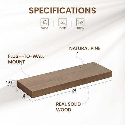 Heimlove 24 Inch Floating Shelves for Wall Walnut Shelves Set of 2,Wall Mounted Rustic Wood 8 Inch Deep Floating Shelf with Invisible Brackets for Bedroom Kitchen Living Room