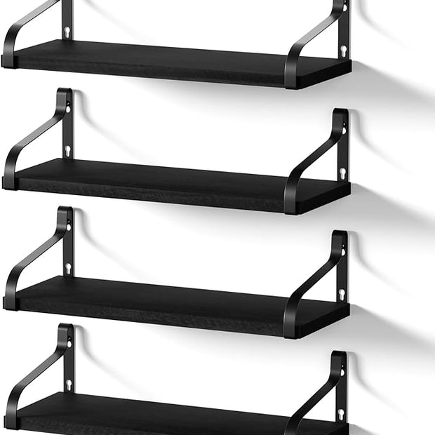 Love-KANKEI Black Floating Shelves for Wall Set of 4, 15.7 Inch Wood Wall Shelves with Bracket, Rustic Hanging Shelves for Bathroom, Bedroom, Kitchen,Living Room, Office Display