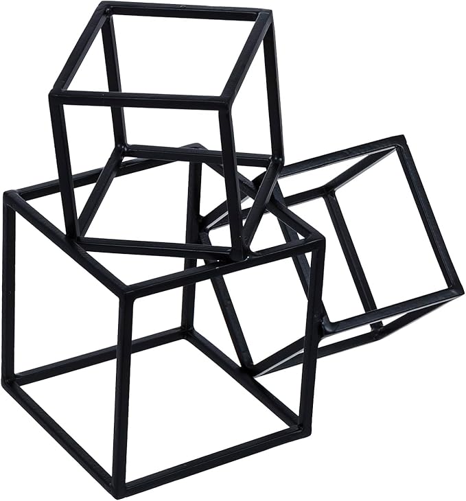 MyGift Modern Black Metal Geometric Bookends, Decorative Book Ends Stands for Home Library Bookshelf Office Desk, 1 Pair, Handcrafted in India, 3 Cube Frame Design