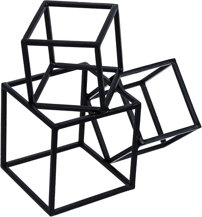 MyGift Modern Black Metal Geometric Bookends, Decorative Book Ends Stands for Home Library Bookshelf Office Desk, 1 Pair, Handcrafted in India, 3 Cube Frame Design