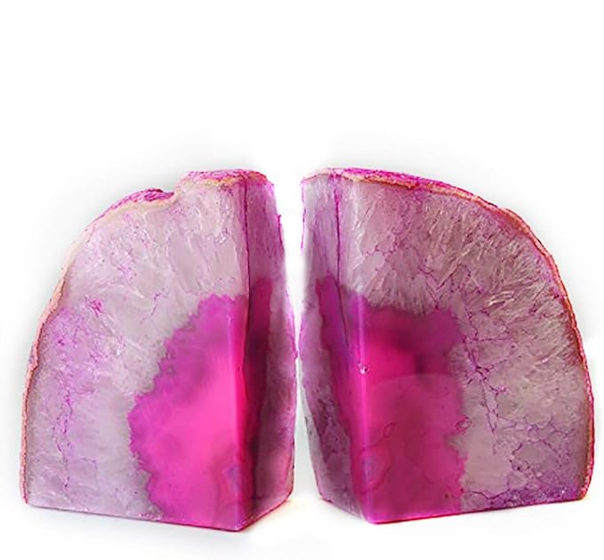 JIC Gem Decorative Crystal Book Ends Polished Dyed Pink Color Geode Brazilian Agate Bookends with Rubber Bumpers Small Size(1 Pair, 2-3 LBS)