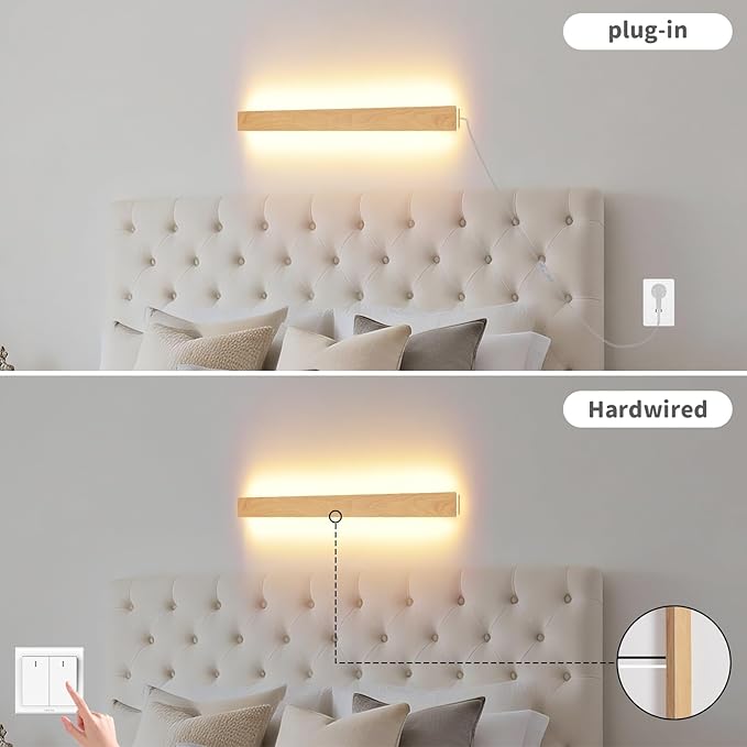 Modern Plug in Wall Sconces, 23.6 inch Faux Wood Texture Finish LED Long Wall Lights, 12W Warm White 3000K Acrylic Indoor Wall lamp,with 59