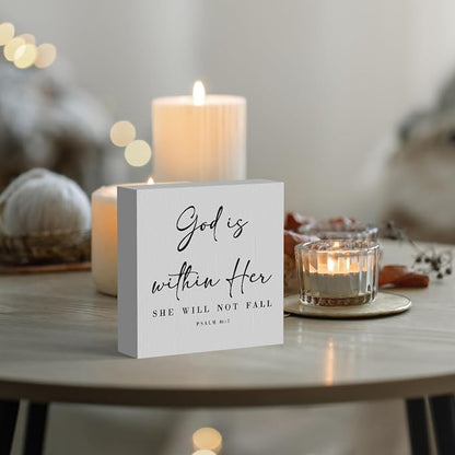 God Is Within Her Bible Verse Artwork Wooden Box Sign Rustic Farmhouse Style Psalm 46:5 Christian Wood Block Plaque 5 X 5 Inches Home Office Desk Sign Decor for Gifts