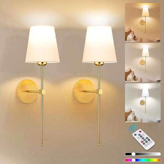 Adetu Battery Operated Wall Sconce Set of 2, 5CCT Gold Rechargeable Wall Lights with Remote, 10 RGB Dimmable Colors Wireless Battery Powered Wall Sconce Wall Lamp for Bedroom Living Room Wall Decor