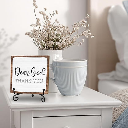 Rustic 'Dear God Thank You' Wooden Plaque - Christian Decor with Iron Stand - Simple Prayer Sign for Home Church Office Fireplace Coffee Table Decor - Inspirational Gift for Thanksgiving & Holidays
